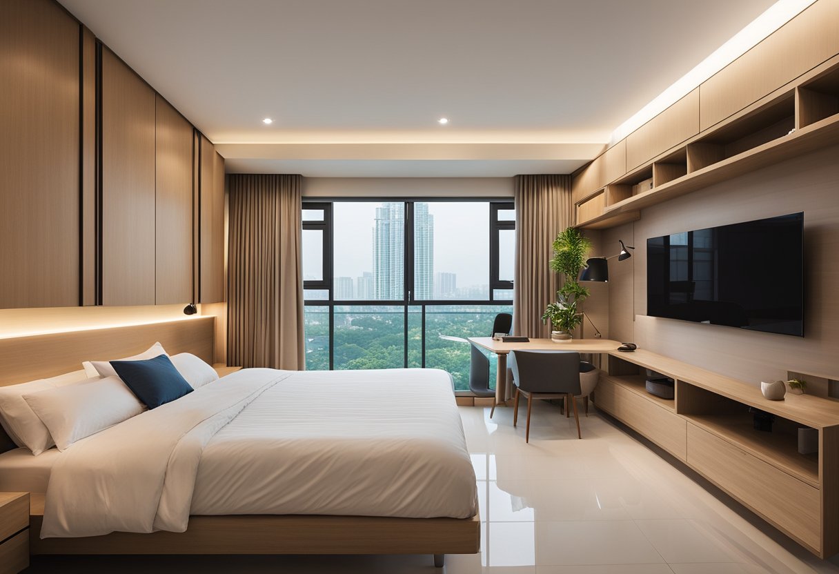 A clutter-free 3-room HDB master bedroom with space-saving furniture and built-in storage solutions. Bright natural light streams in through large windows, illuminating the minimalist and functional design