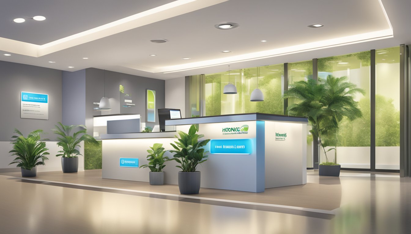 A sleek, modern bank branch with a sign promoting "Business Loan Products and Features" by Hong Leong Bank. Bright lighting and clean, professional decor