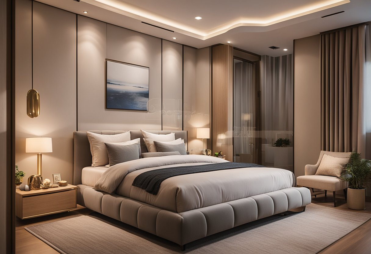 A cozy 3-room HDB master bedroom with a neutral color scheme, a plush king-sized bed, and soft, ambient lighting. A warm, inviting space for relaxation and personal retreat