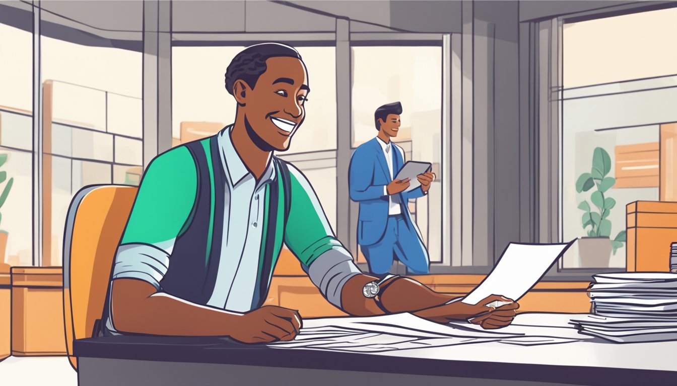 Small business owner receiving funds from a bank teller. Smiling, shaking hands, signing paperwork. Bright, professional setting