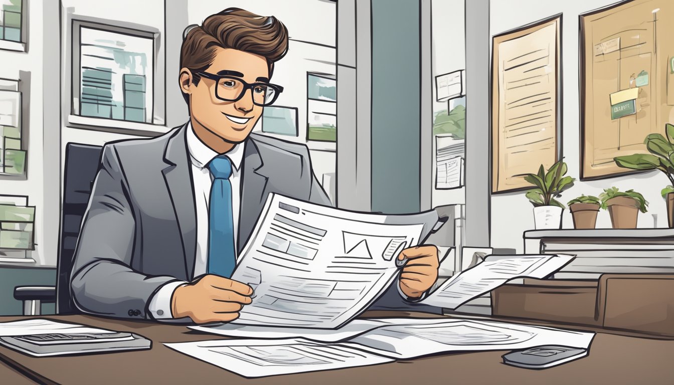 A small business owner confidently presents a business plan to a bank, showcasing growth potential and financial stability. The banker nods in agreement, signifying approval for a small business loan