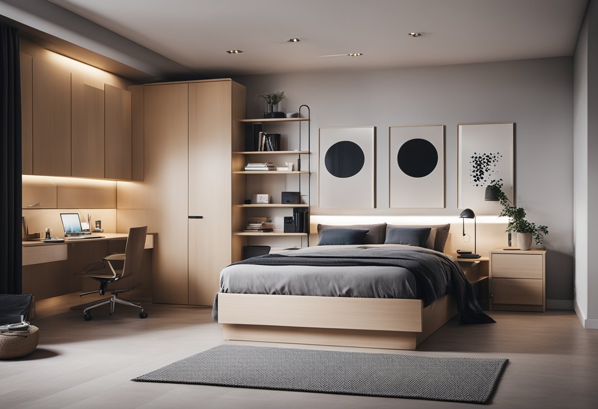 A modern bedroom with sleek furniture, minimalistic decor, and clever storage solutions in a small room