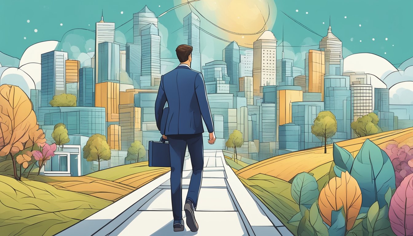 A small business owner confidently walks through a diverse financial landscape, with a clear path of growth and success ahead