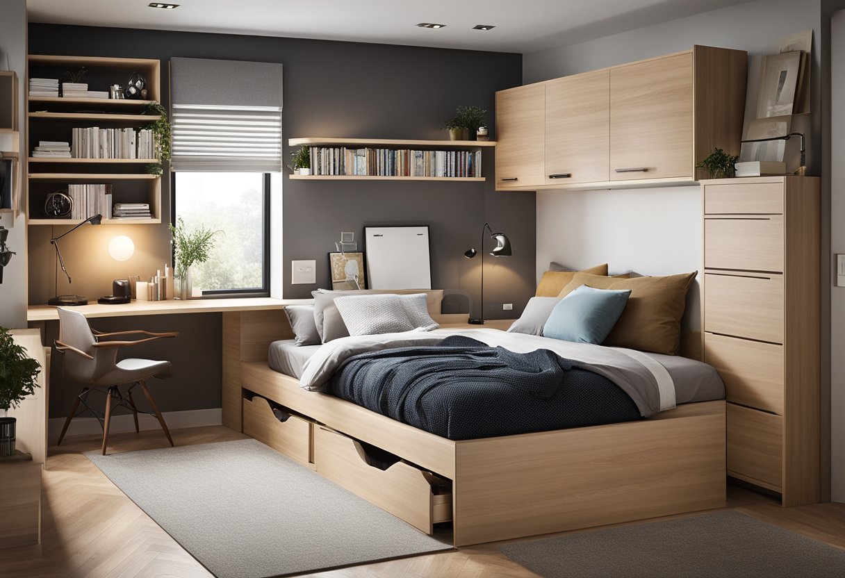 A small bedroom with a raised platform bed, built-in storage, and a fold-down desk, maximizing space with modern design
