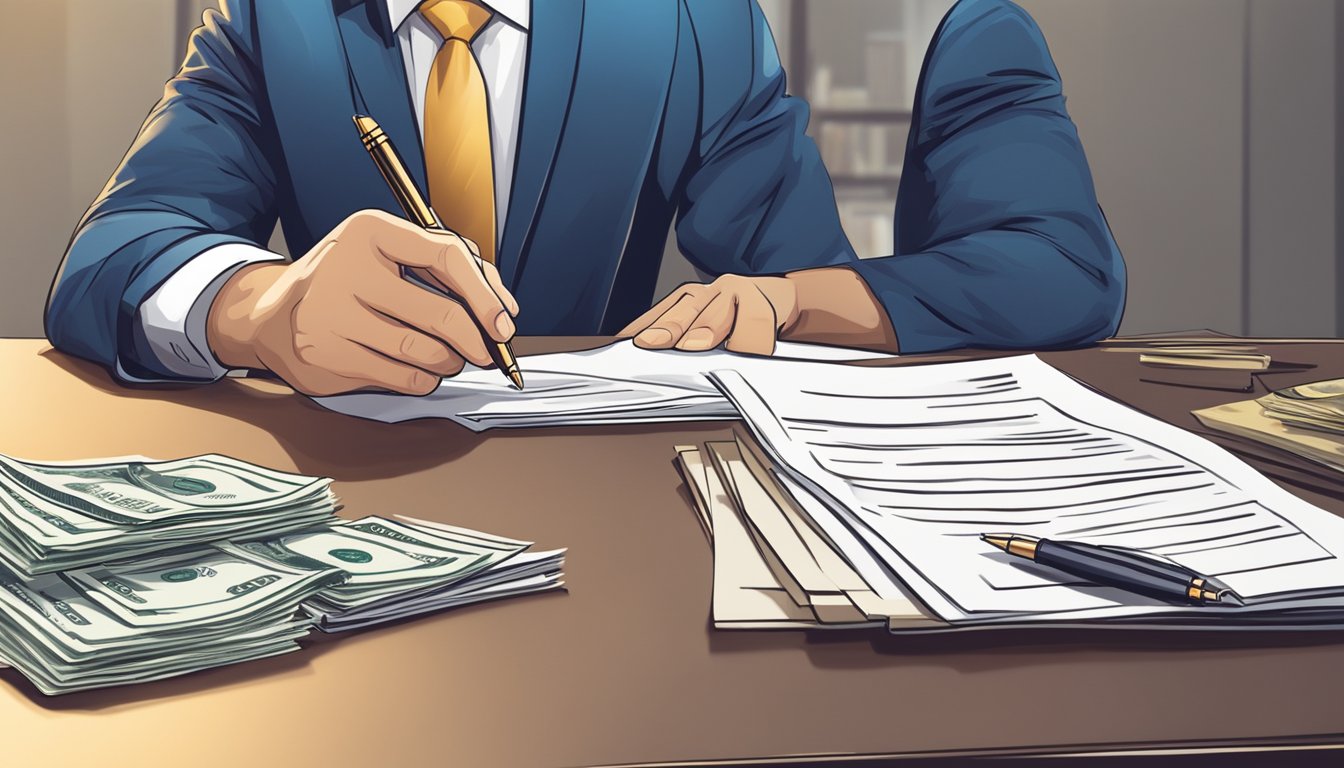 A businessman signs a contract on a desk, with a stack of money and financial documents in the background