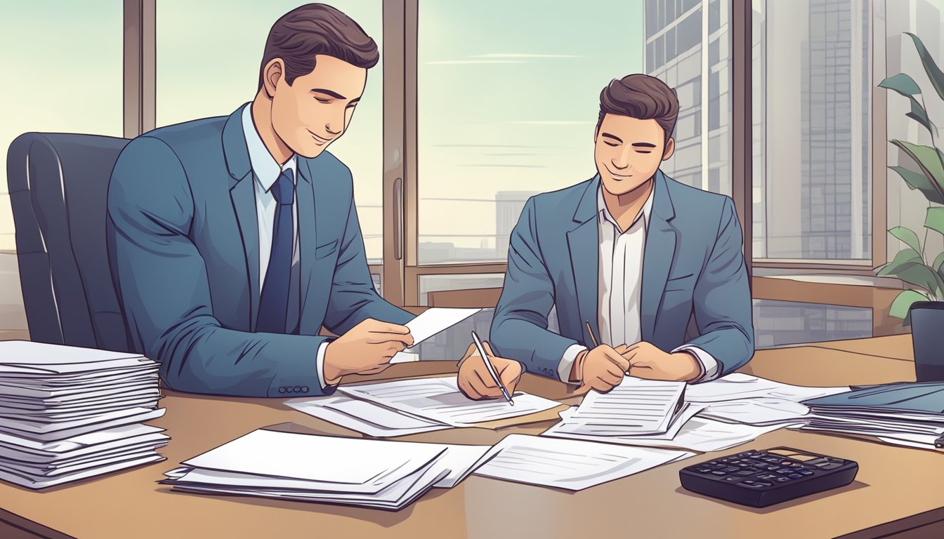 A businessman signs a contract for a bridge loan, shaking hands with the lender. A stack of papers and a calculator sit on the table