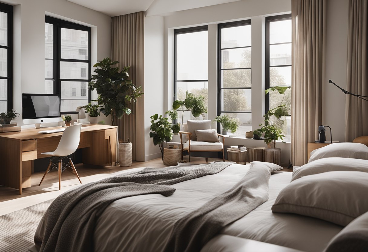 A stylish bedroom with clean lines, neutral colors, and minimalistic furniture. Large windows let in natural light, while a cozy reading nook and a sleek, uncluttered workspace complete the modern classic design