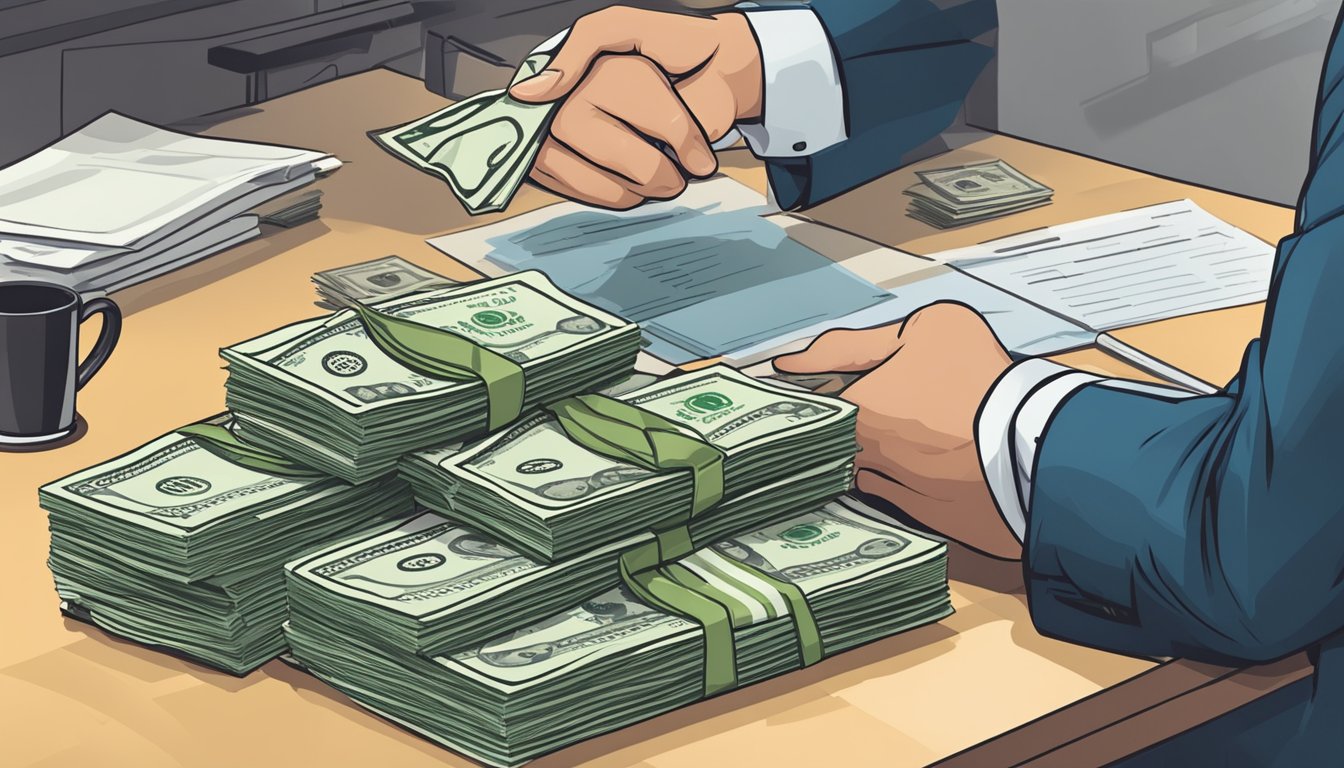 A stack of cash and a business plan on a desk, with a bank representative and a small business owner shaking hands