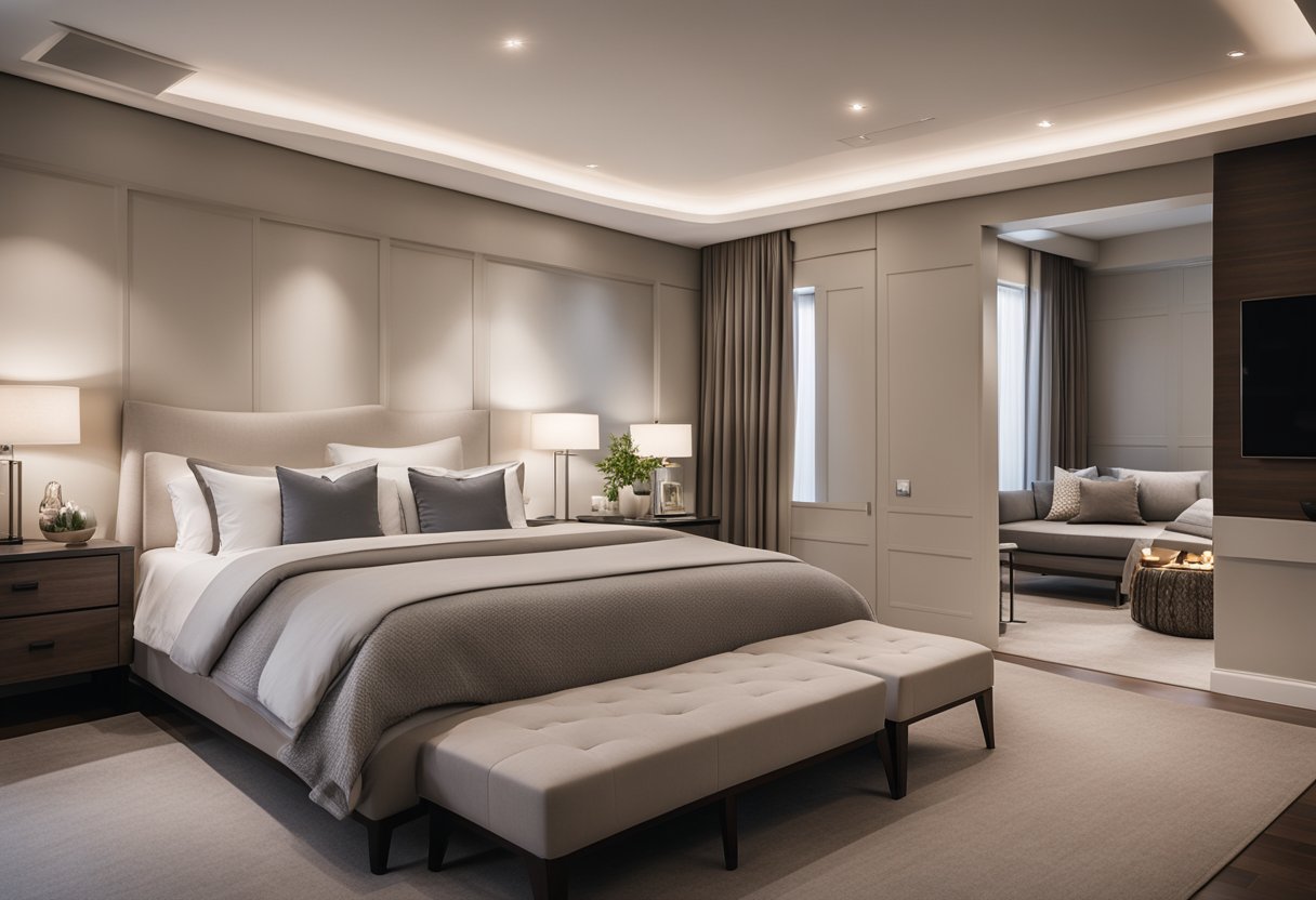 A spacious bedroom with clean lines, neutral colors, and elegant furniture. A large, plush bed sits in the center, flanked by matching nightstands and soft lighting. A cozy sitting area with a sleek, minimalist fireplace completes the modern classic look
