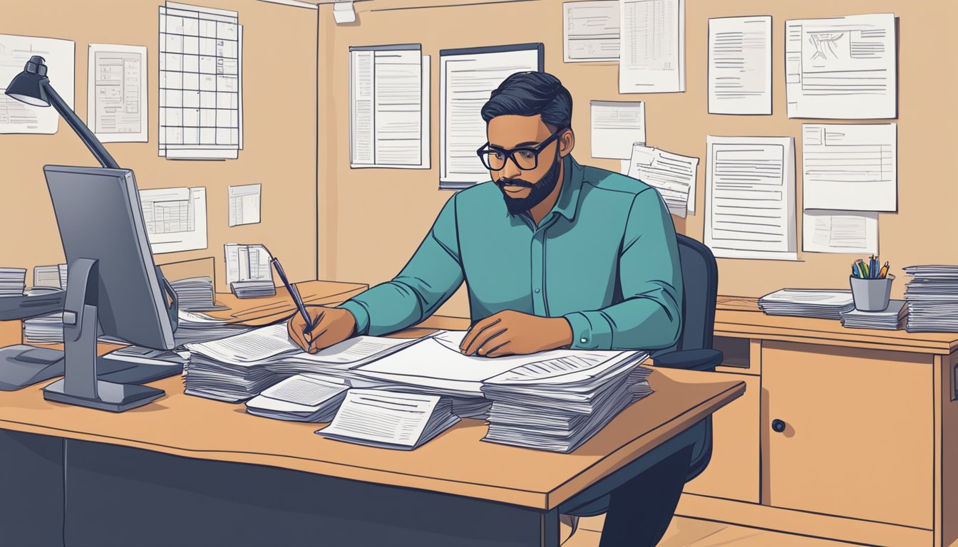 A small business owner sits at a desk, surrounded by financial documents and a calculator. They are carefully calculating their average small business loan amount needed