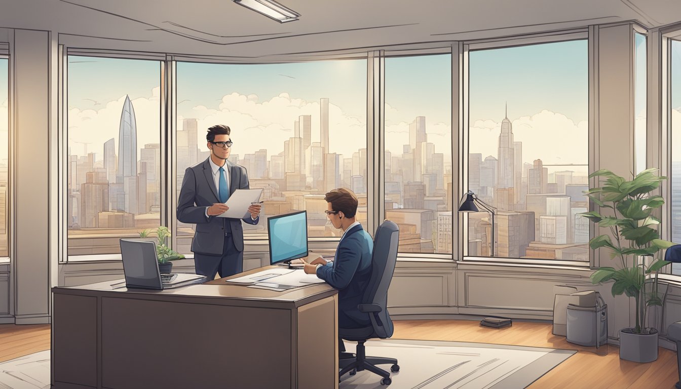 A small business owner fills out paperwork at a desk while a bank representative reviews financial documents. The room is bright and professional, with a large window offering a view of the city skyline