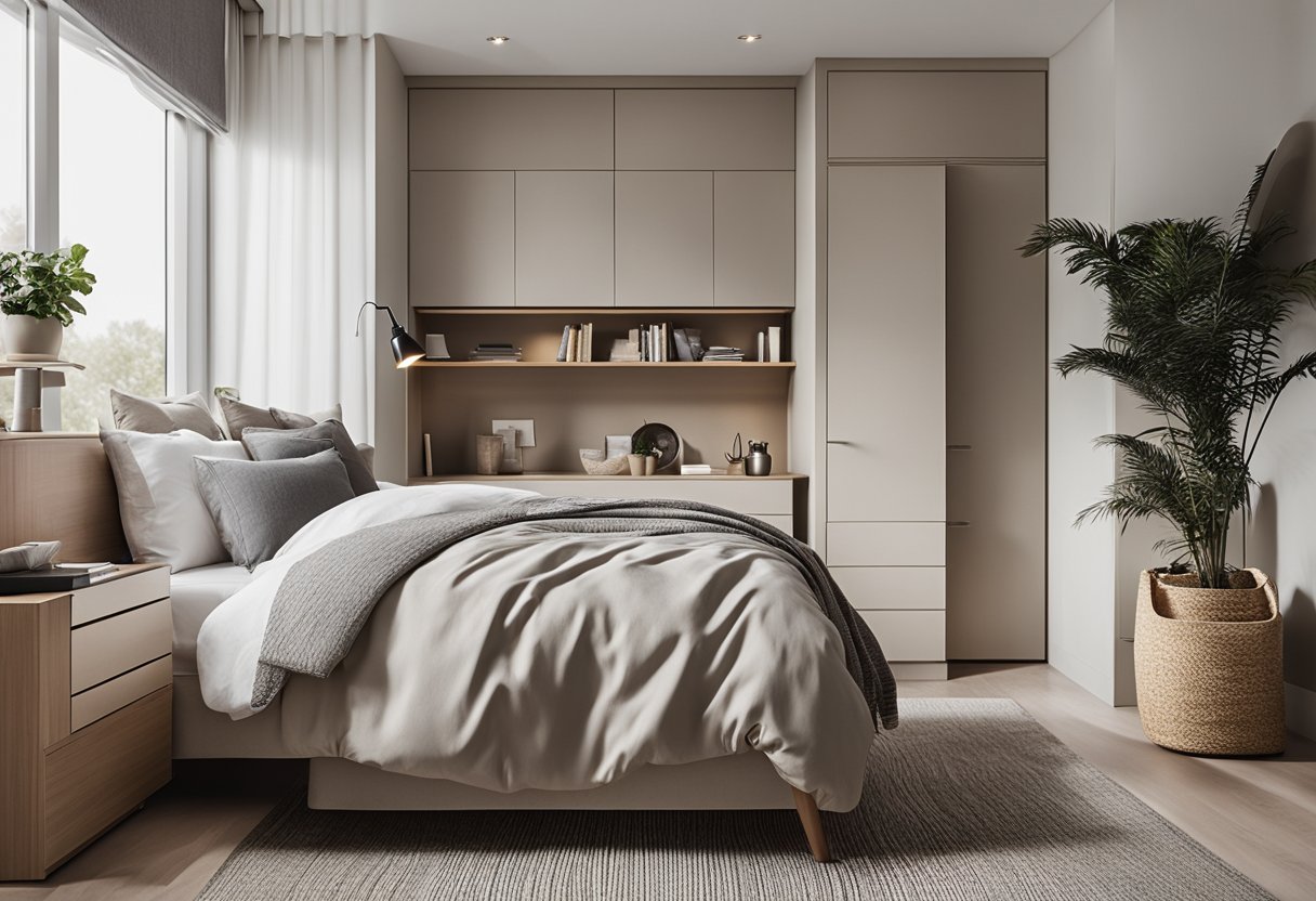 A small, modern bedroom with space-saving furniture, clever storage solutions, and minimalist decor. The room feels cozy yet functional, with clean lines and a neutral color palette
