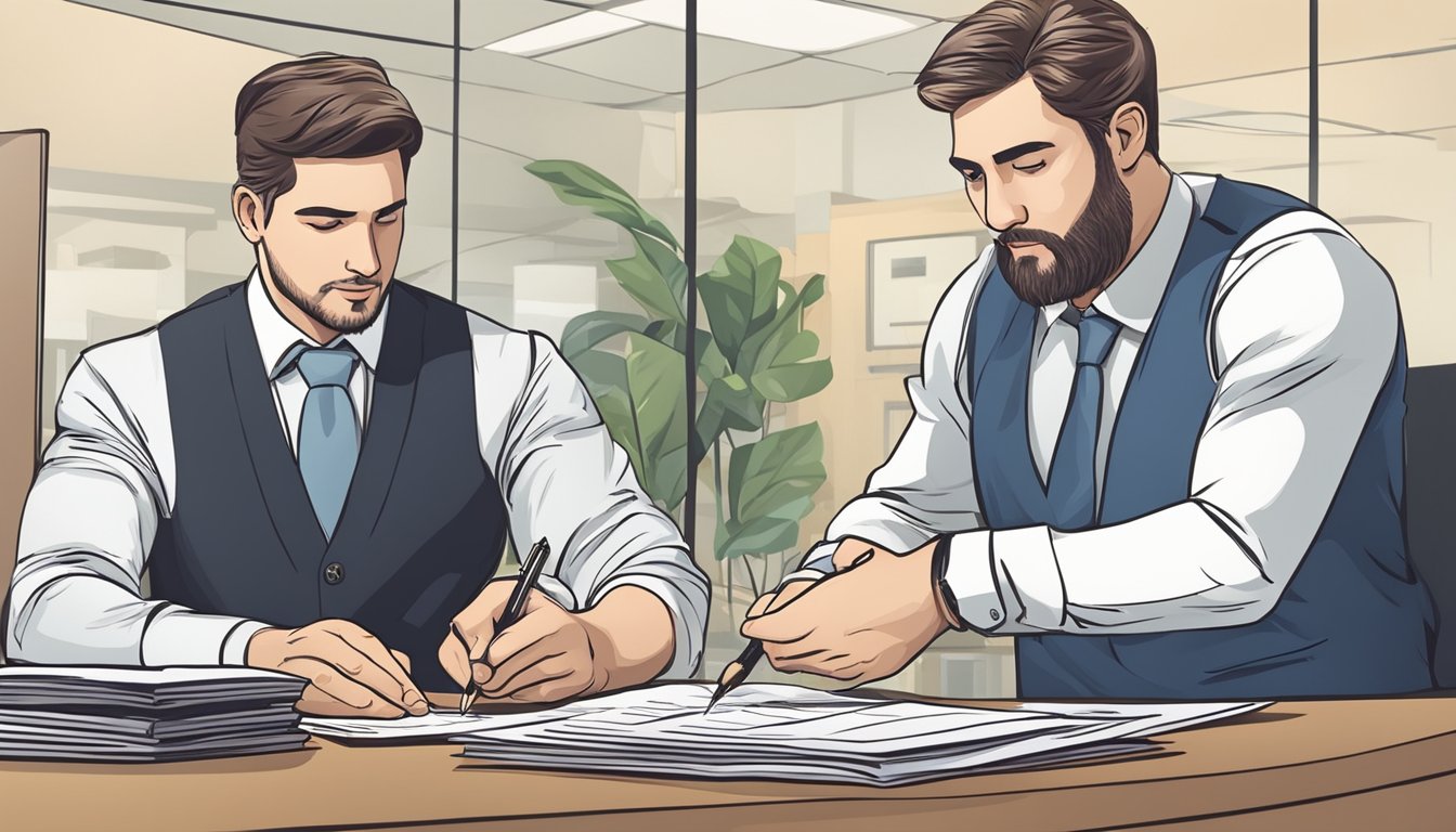 A business owner signs loan documents at a bank, with a banker assisting. The owner looks confident and determined, while the banker is supportive and professional