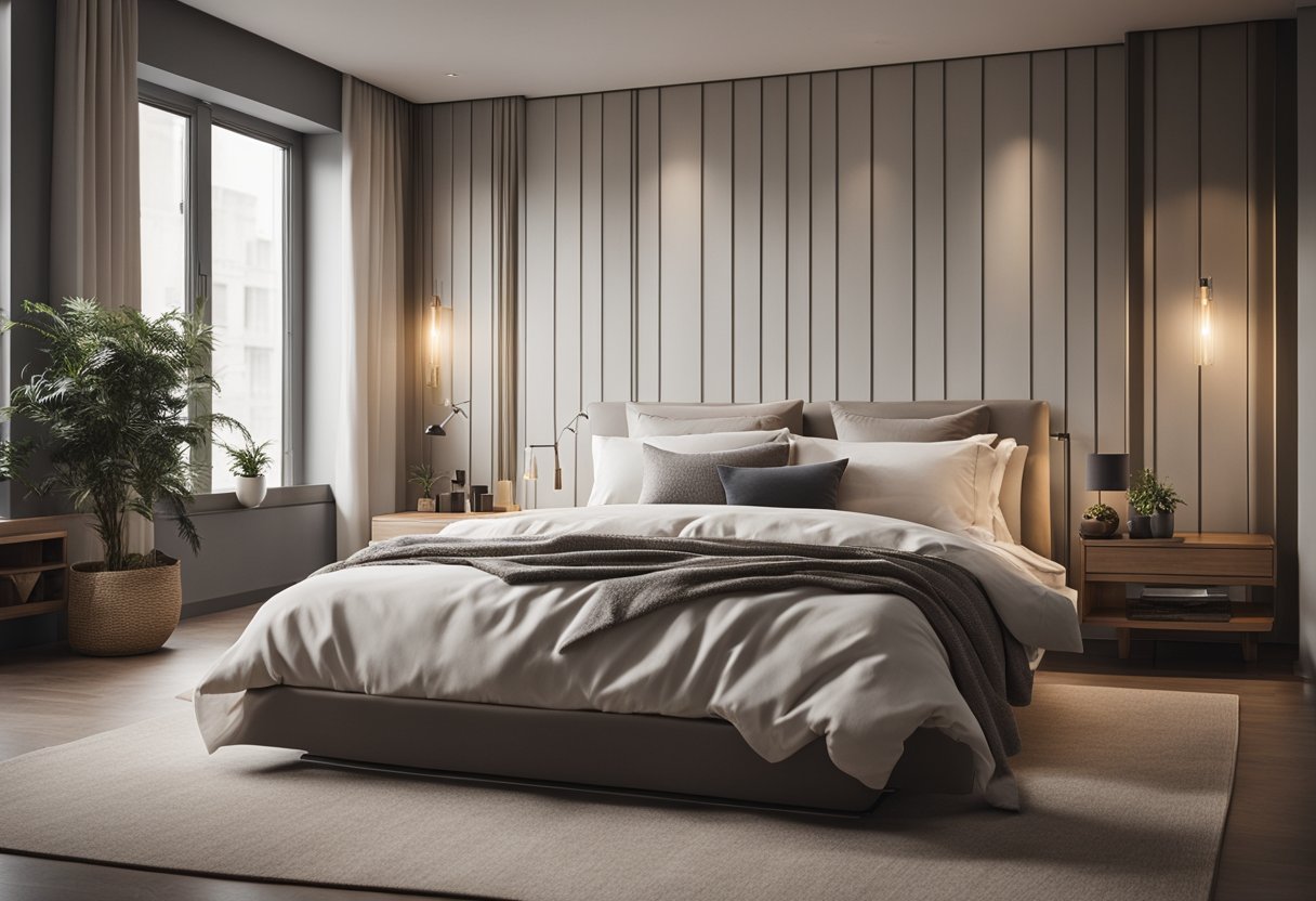 A cozy bedroom with clean lines, neutral colors, and minimalistic furniture. Soft lighting and a large, comfortable bed create a serene atmosphere