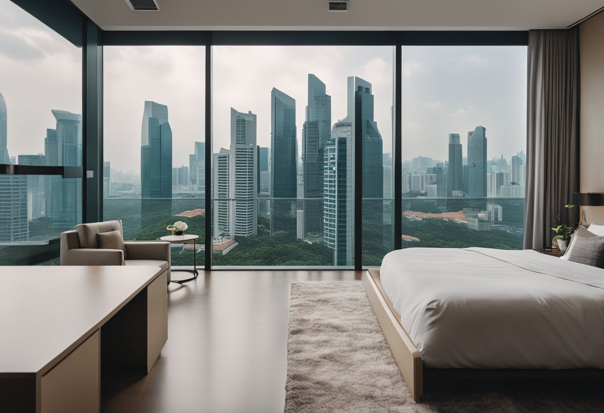 A cozy bedroom in a Singapore condo with modern furniture, a neutral color palette, and large windows offering a view of the city skyline