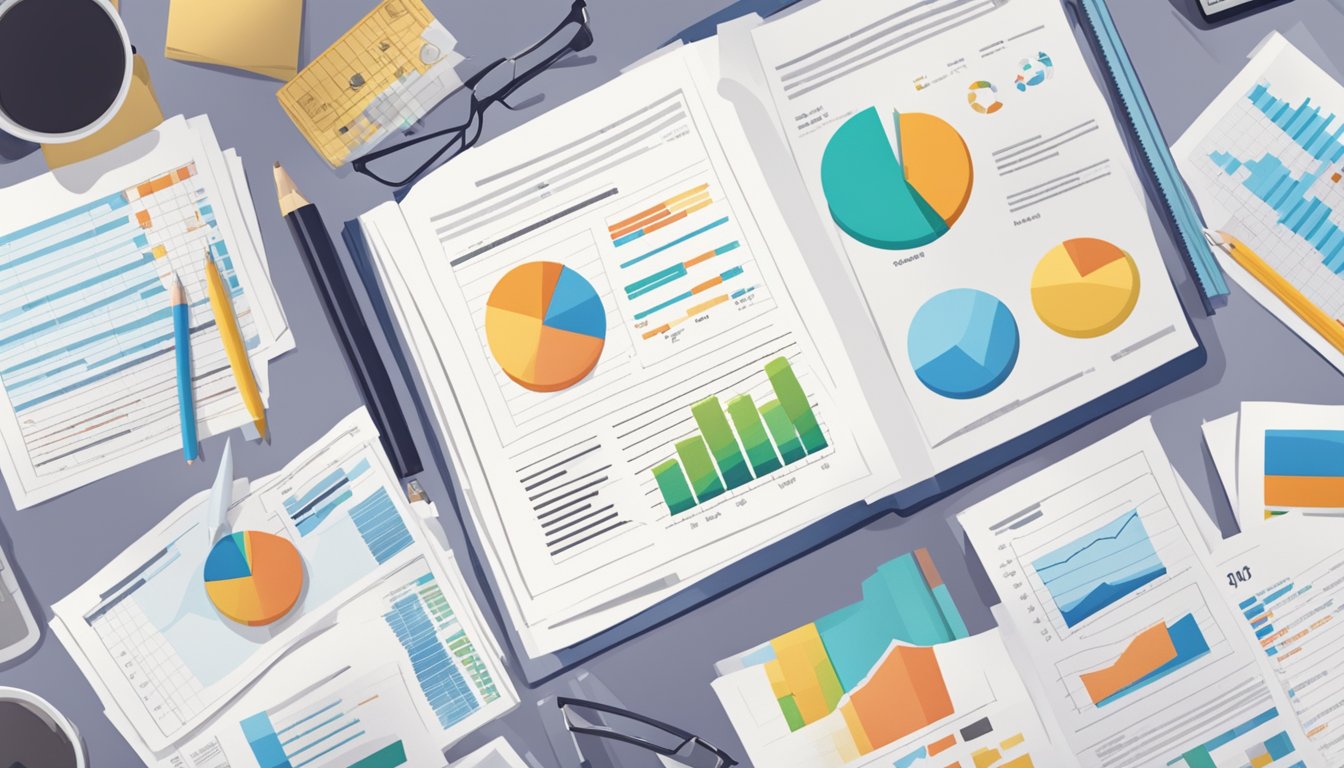 A stack of papers with "Frequently Asked Questions" printed on top, surrounded by charts and graphs showing average small business loan amounts