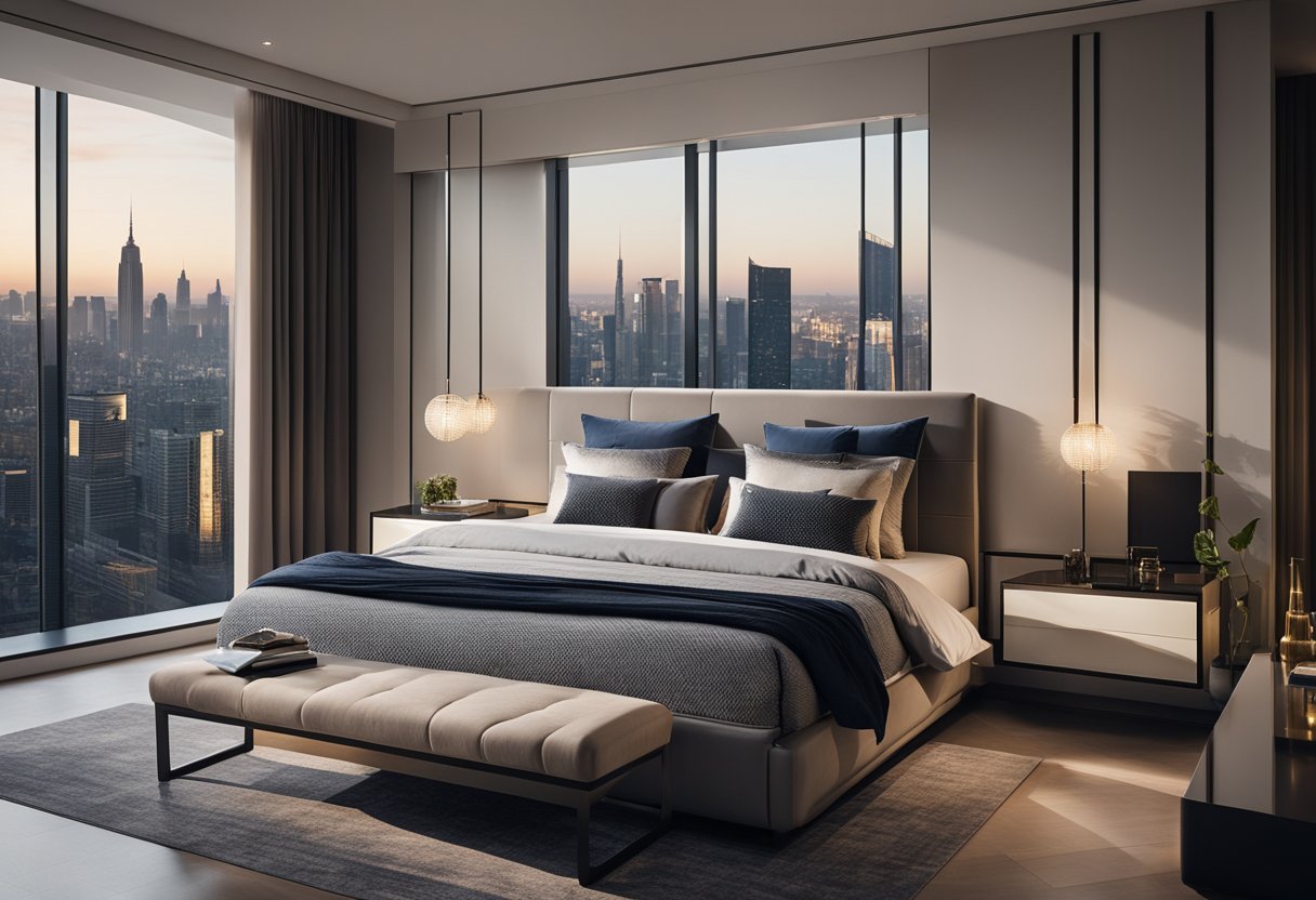 A spacious bedroom with a sleek, modern design, featuring a large window overlooking the city skyline, a comfortable king-size bed with luxurious bedding, and a stylish work desk with a minimalist aesthetic