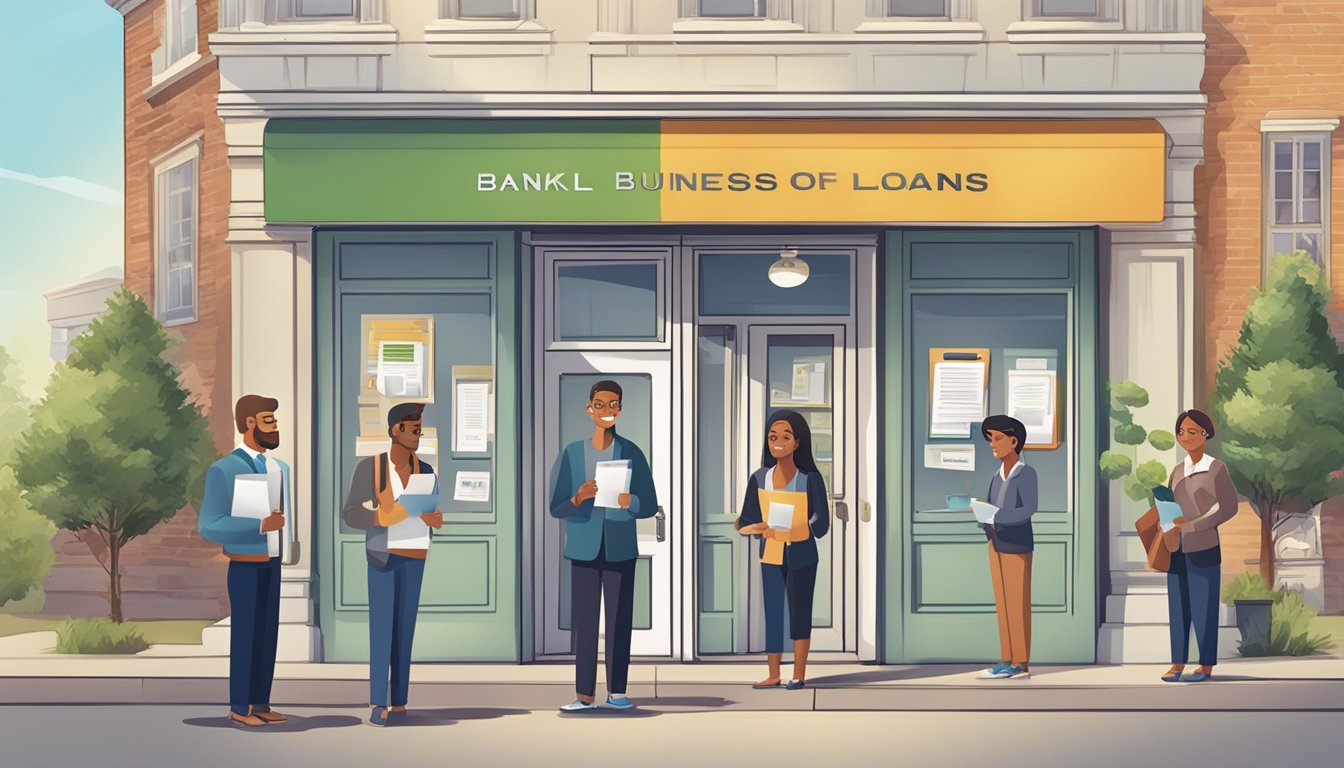 A line of small business owners waits outside a bank, holding application forms and financial documents. The bank's sign prominently displays "Small Business Loans Available."