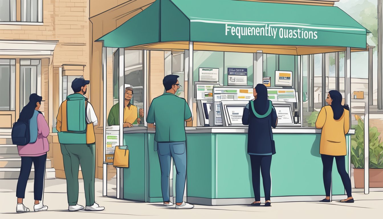 A line of small business owners wait at a bank's "Frequently Asked Questions" kiosk, seeking information on loans