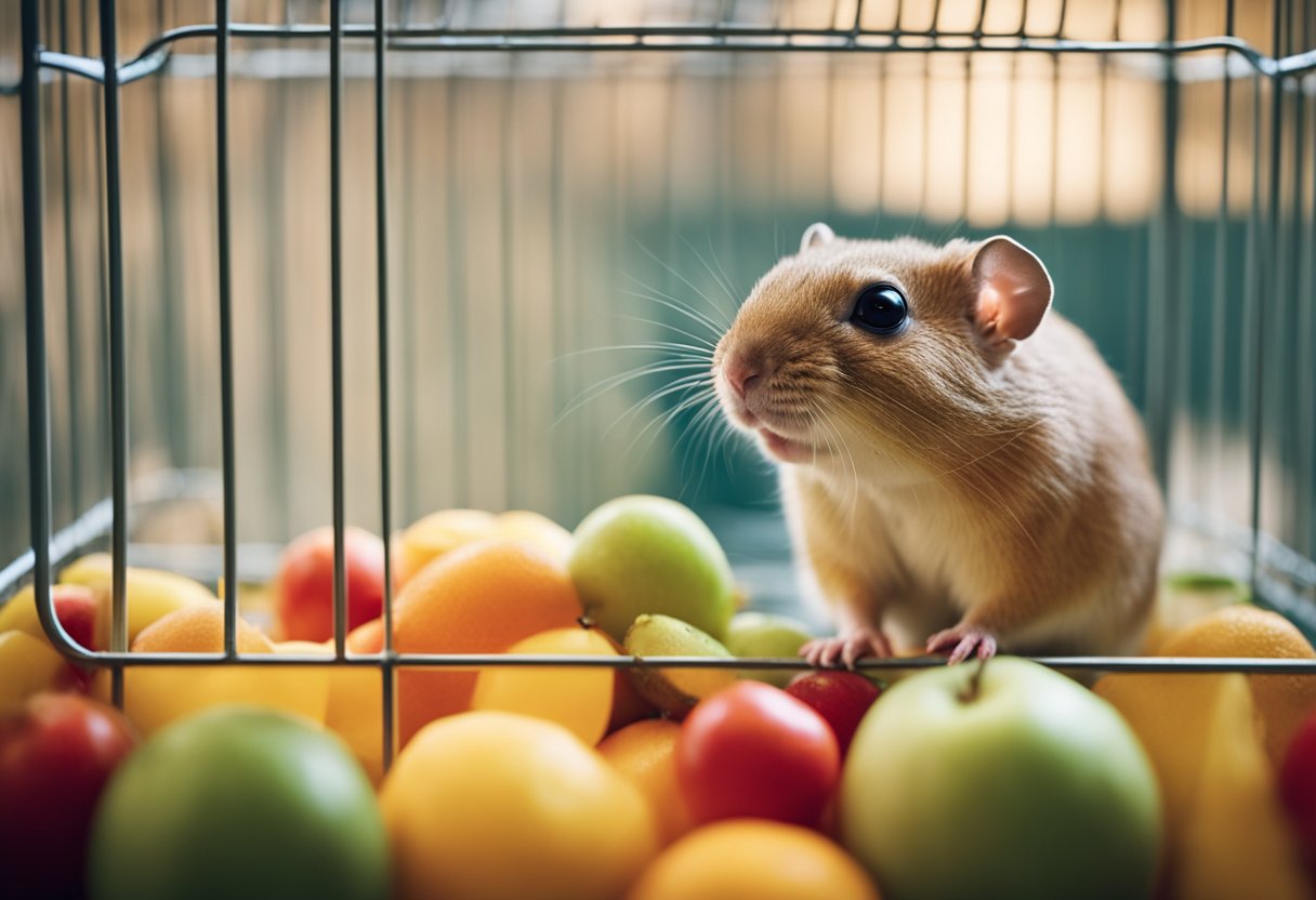 A gerbil sits in a spacious, well-furnished cage, with toys and a running wheel. It nibbles on a piece of fresh fruit, looking content and playful