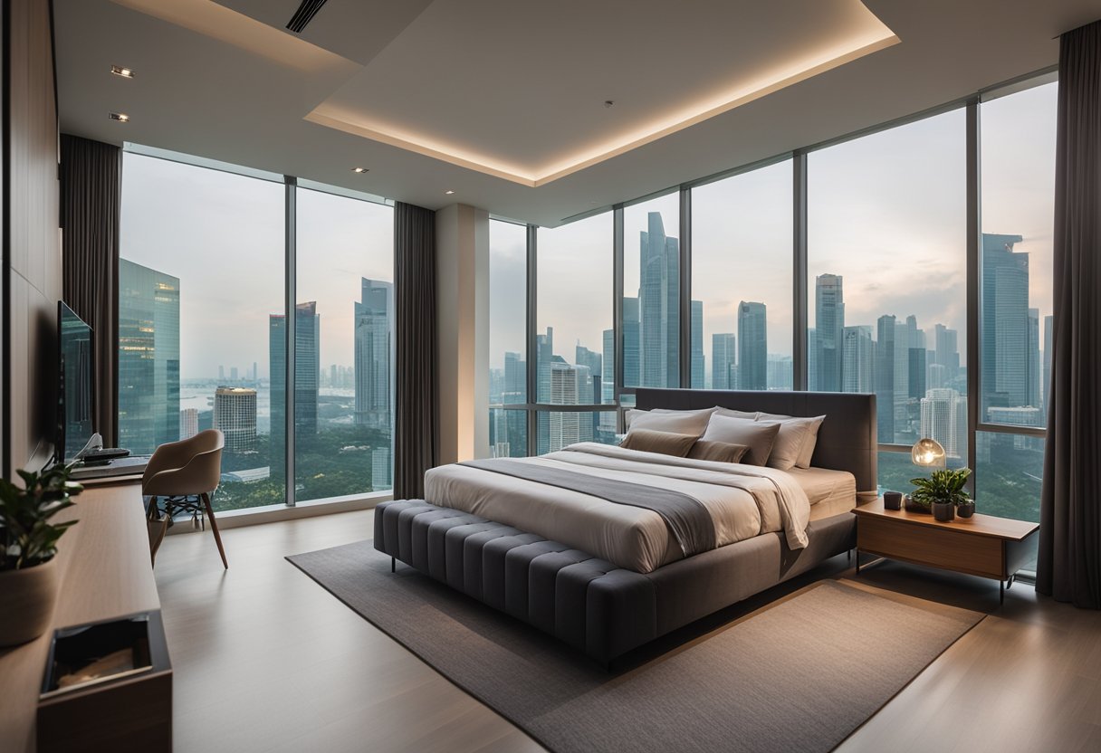 A cozy bedroom in a Singapore condo, featuring modern furniture, soft lighting, and a neutral color palette. A large window provides a view of the city skyline