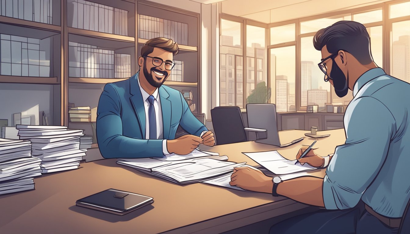 A business owner eagerly signs paperwork for a fast unsecured loan, with a confident banker smiling in the background