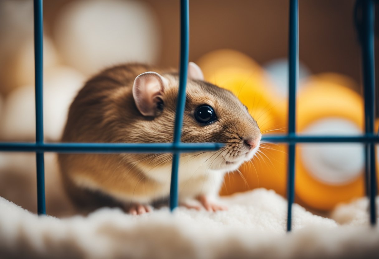 A gerbil sitting in a cozy, well-equipped cage with a wheel, toys, and fresh bedding, surrounded by a loving family