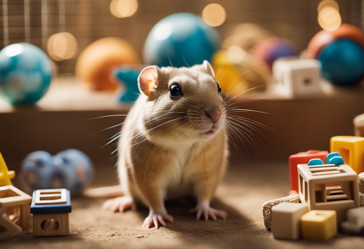 A gerbil sits in a cozy cage, surrounded by toys and a wheel. A sign reads "Frequently Asked Questions: Are gerbils good pets?"