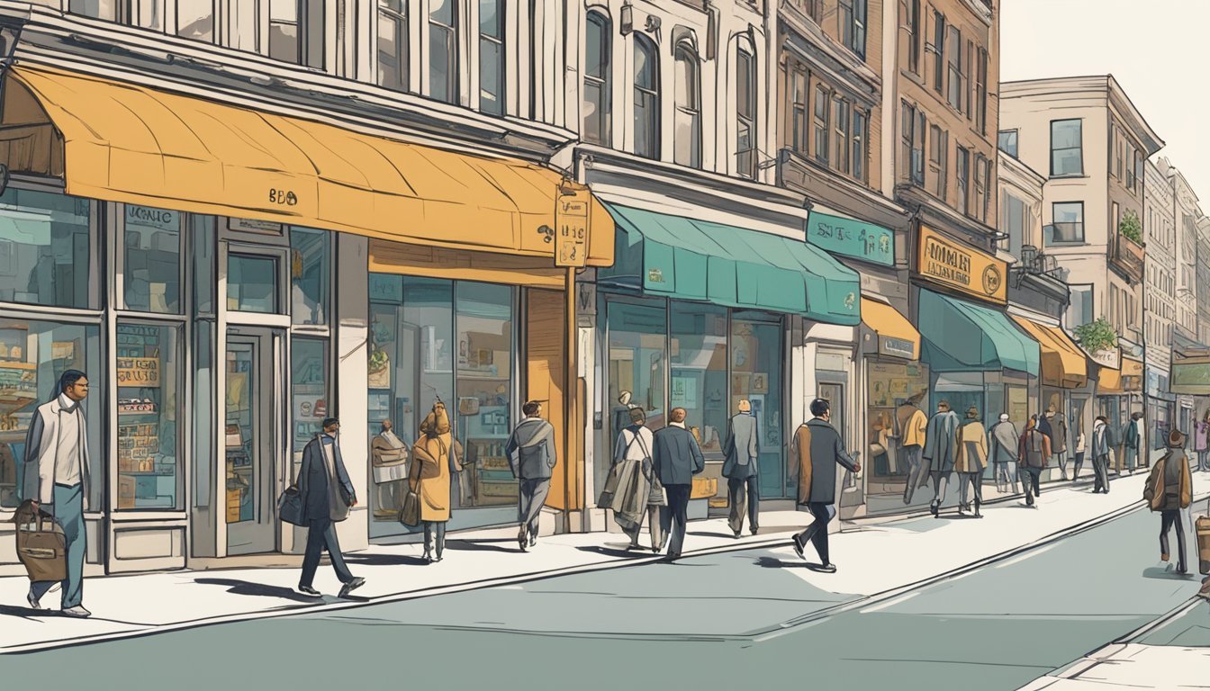 A bustling city street with various business storefronts, a sign advertising "Fast Unsecured Business Loans" prominently displayed. Pedestrians walking by, some glancing at the sign with interest