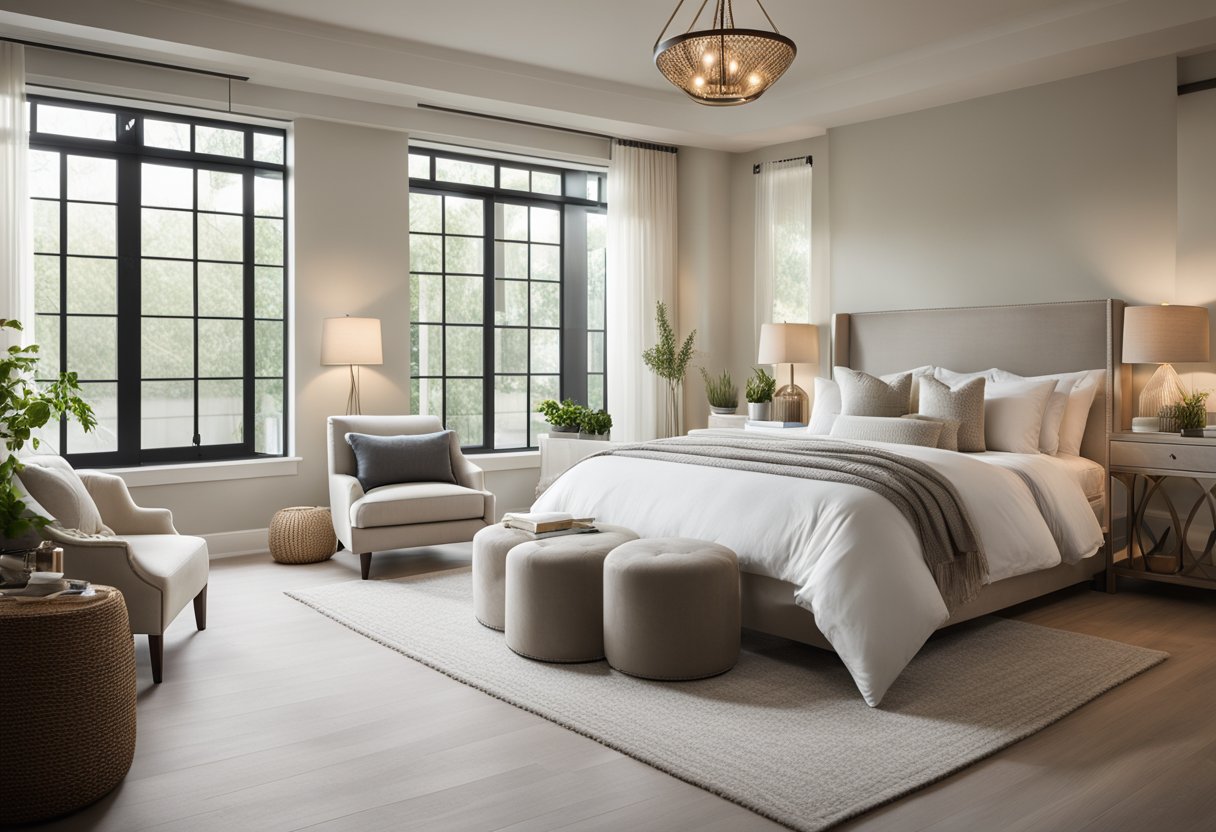 A spacious master bedroom with a cozy king-sized bed, soft lighting, and a neutral color palette. A large window lets in natural light, and a small seating area provides a relaxing space