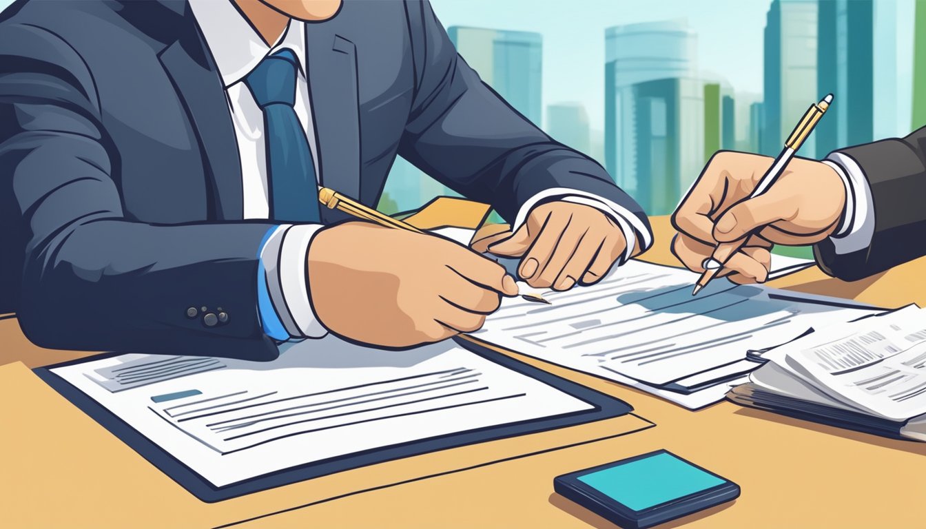 A person signing a loan agreement with a bank representative for a business startup