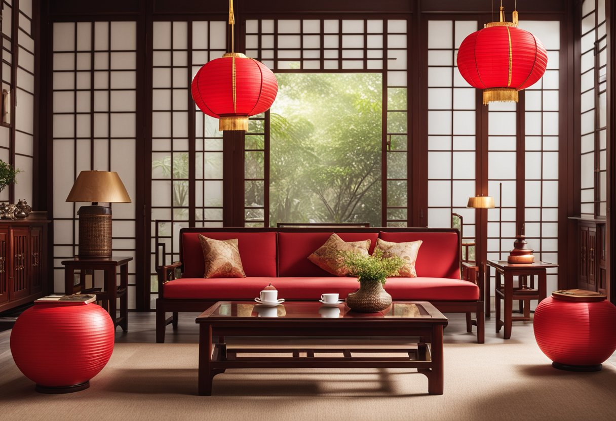 A traditional Chinese living room with wooden furniture, red and gold accents, paper lanterns, and a low coffee table with tea set