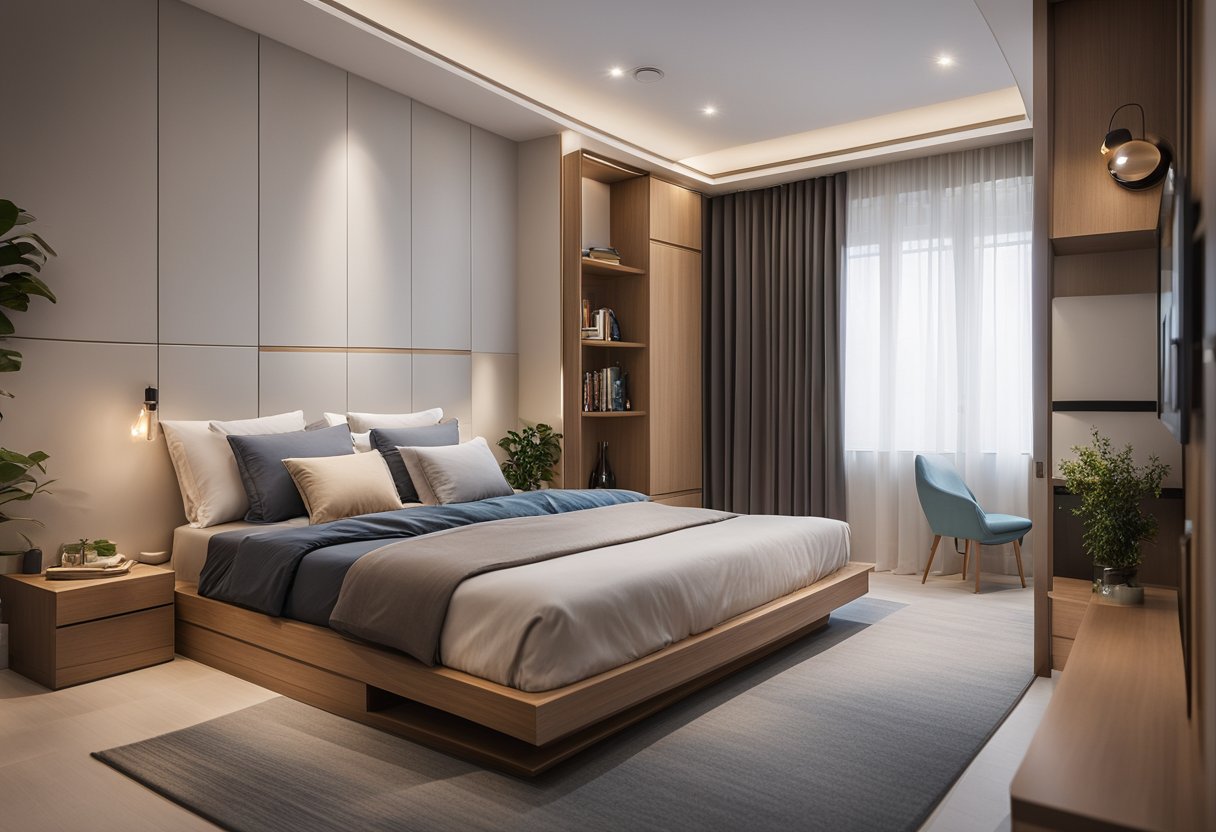 A spacious HDB master bedroom with built-in storage, a cozy reading nook, and a sleek, minimalist design