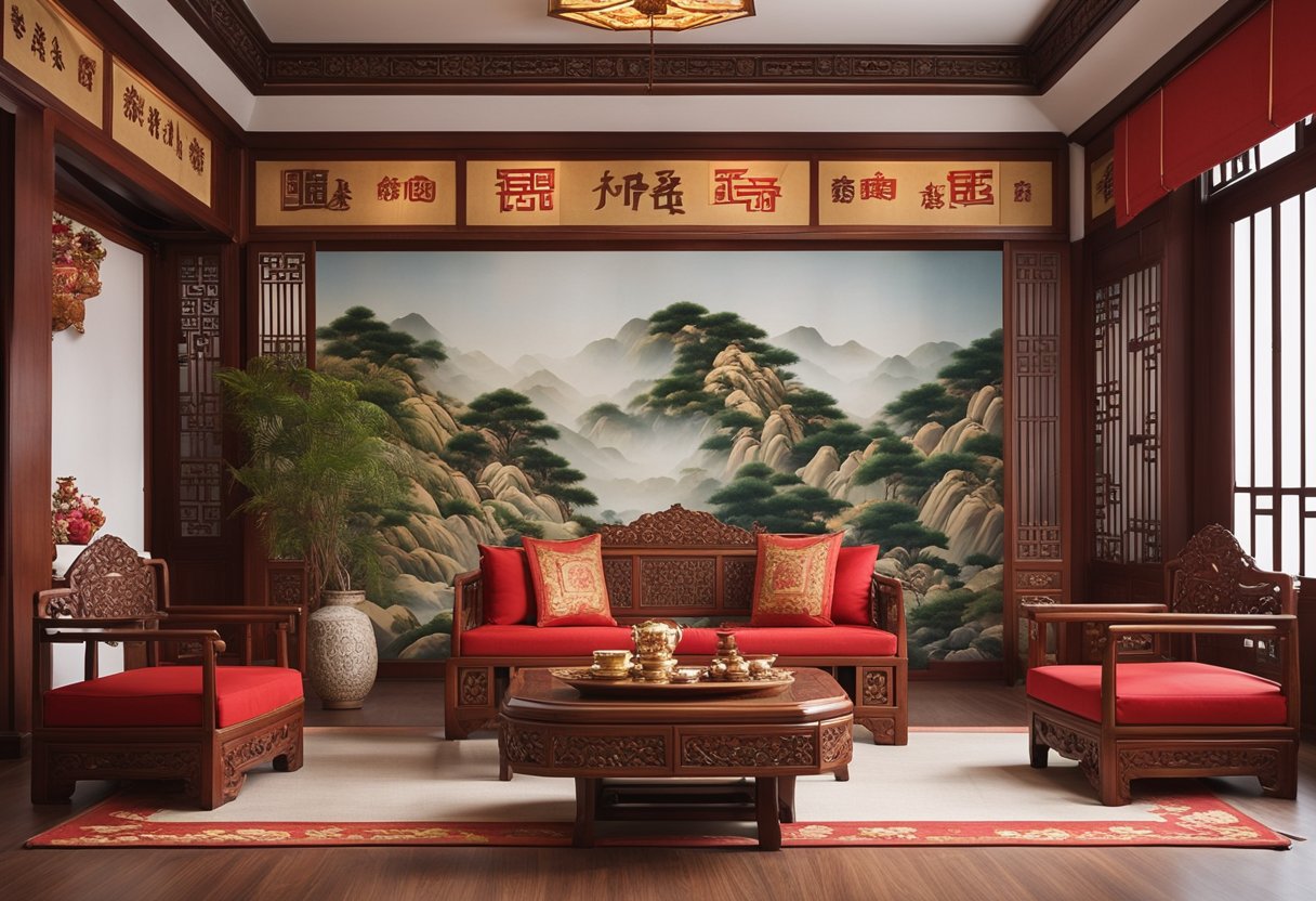 A traditional Chinese living room with low wooden furniture, intricate carvings, and red and gold accents. A large tapestry hangs on the wall, and a tea set is arranged on a low table
