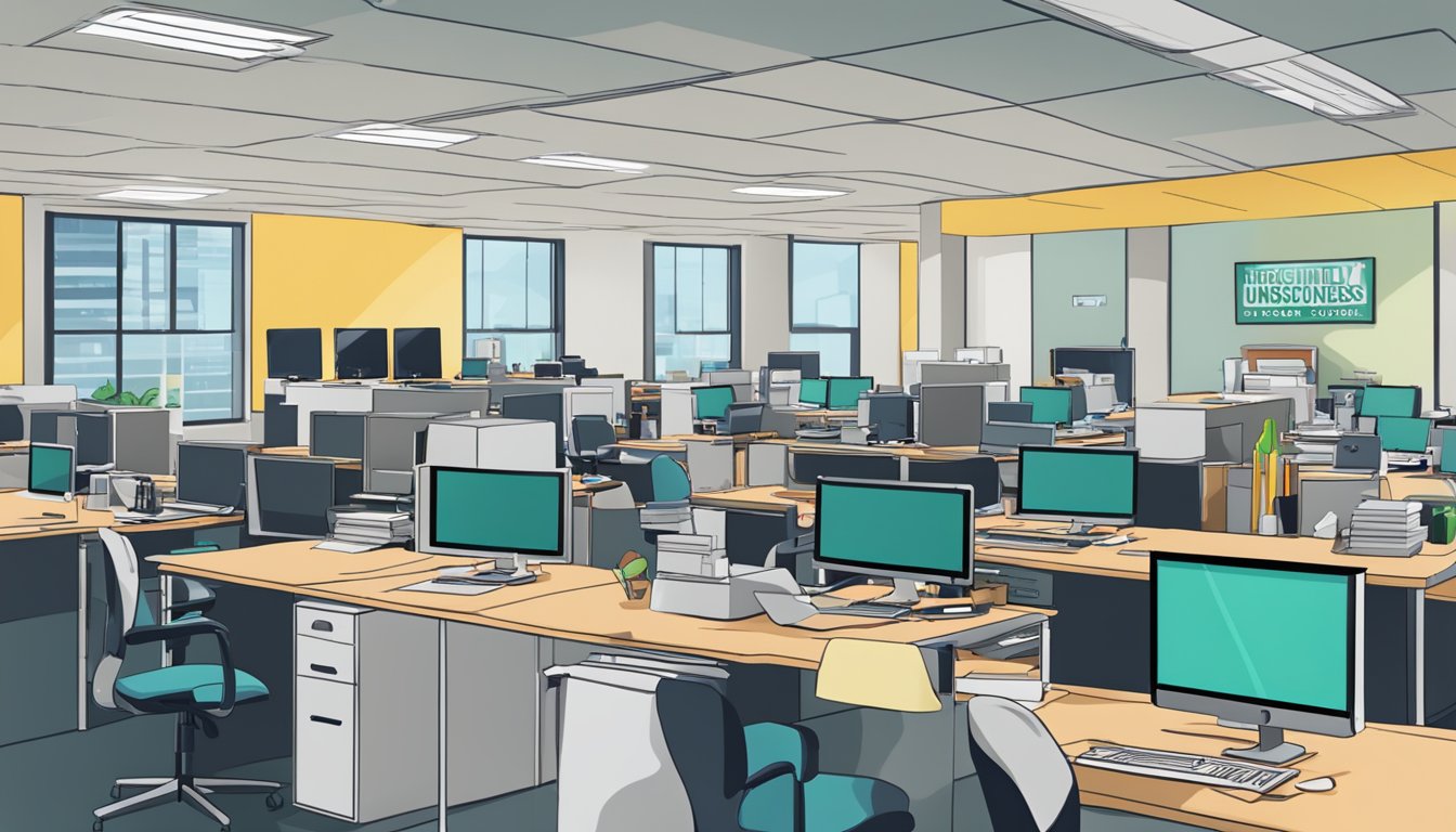 A busy office with a sign reading "Frequently Asked Questions fast unsecured business loans" above a row of desks and computers