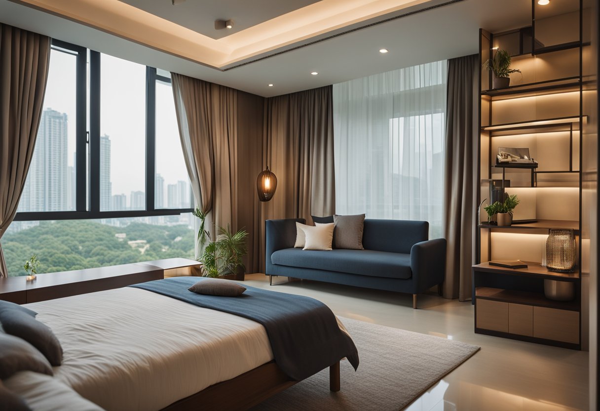 A spacious HDB master bedroom with modern furniture, soft lighting, and a cozy reading nook by the window