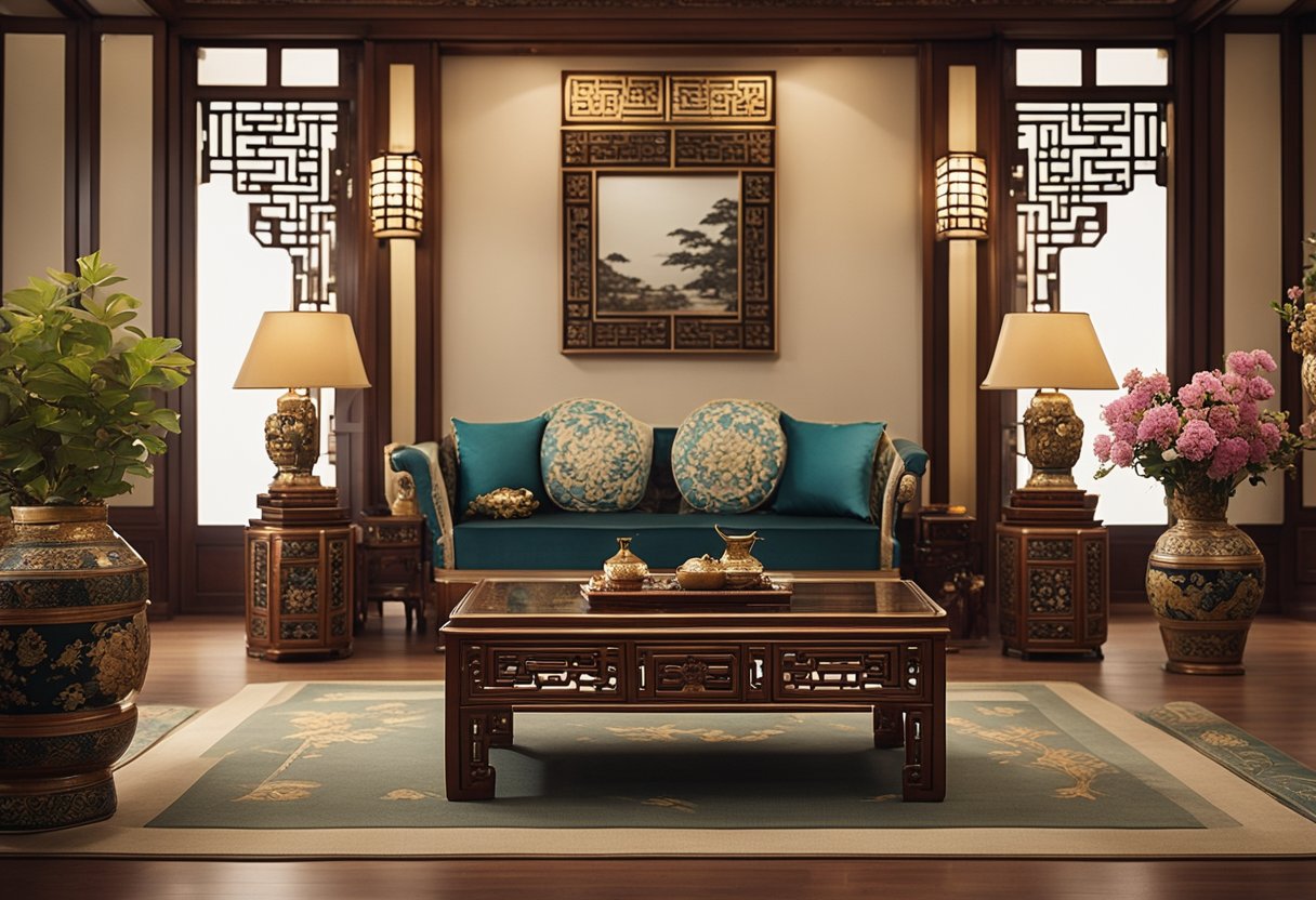 A Chinese living room with ornate decorative elements and accessories, such as intricately carved furniture, silk cushions, and traditional artworks
