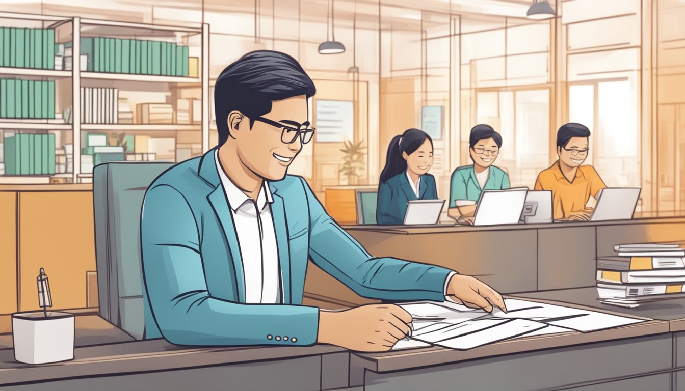 A small business owner in Singapore receives a loan approval letter from a bank, with a handshake between the business owner and the bank representative in the background