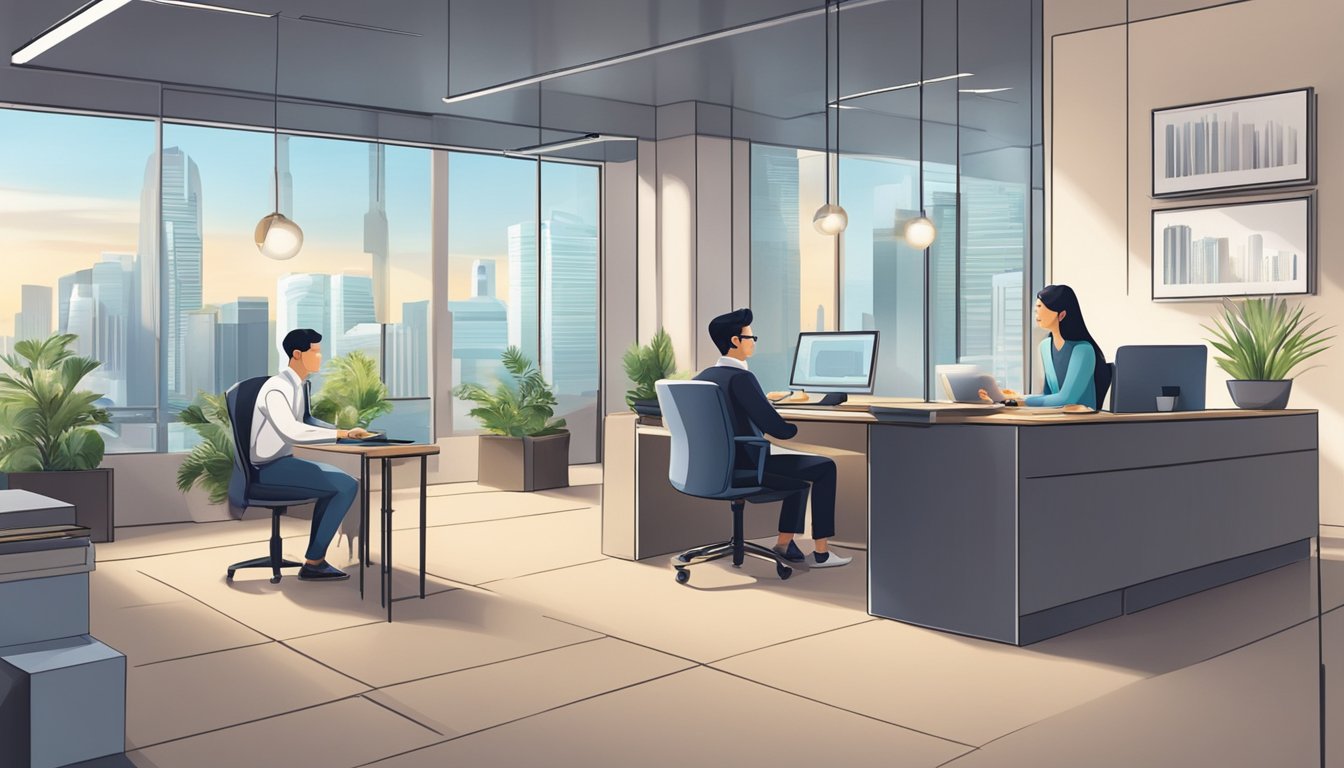 A small business owner in Singapore discusses loan options with a banker in a modern office setting