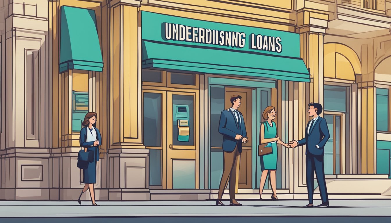 A business owner confidently walks into a bank, smiling as they discuss loan options with a friendly banker. The banker gestures towards a sign that reads "Understanding Business Loans" in bold letters