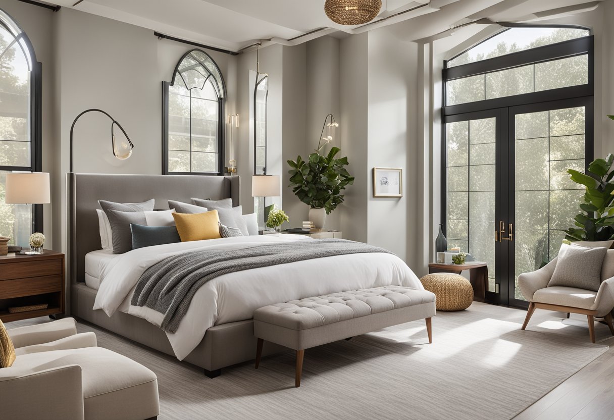A spacious master bedroom with modern decor, large windows, and a cozy reading nook. The room features a neutral color palette with pops of vibrant accents