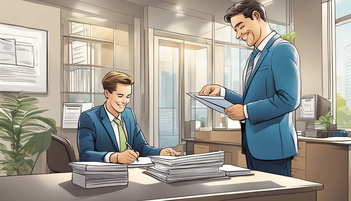 A business owner confidently signs paperwork while a banker looks on, smiling. The office is bright and modern, with a large "Approved" stamp on the desk