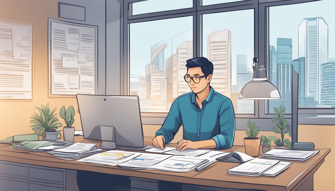 A small business owner sits at a desk, reviewing financing options and bank offerings in Singapore. Various loan documents and financial charts are spread out in front of them