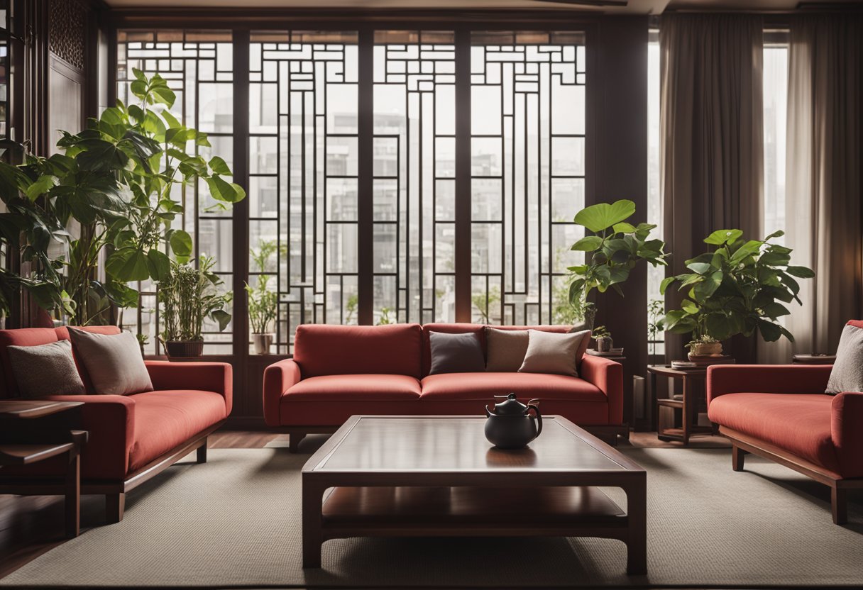 A modern Chinese living room with traditional furniture, red accents, and a low coffee table. A large window lets in natural light, and a decorative screen divides the space