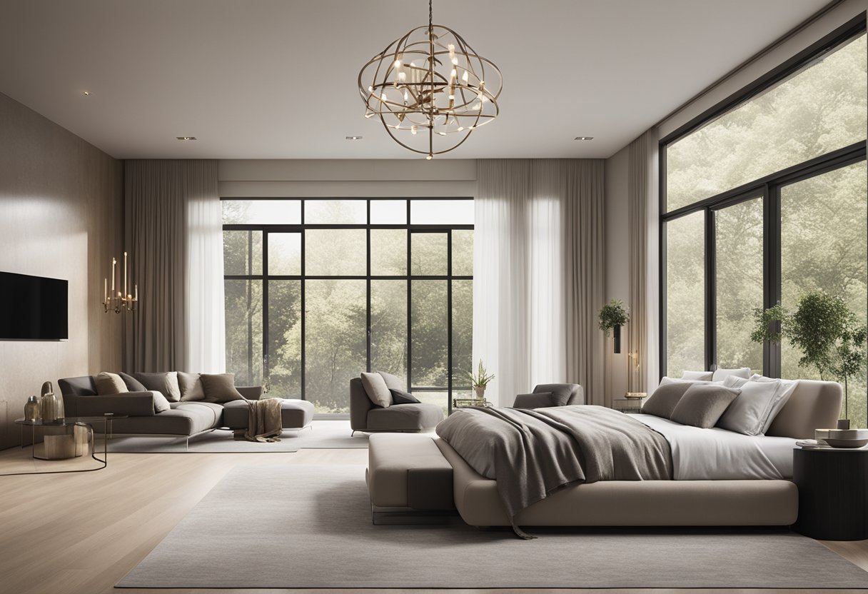 A spacious, minimalist bedroom with sleek furniture, neutral color palette, and large windows for natural light. A statement chandelier hangs from the high ceiling, and a cozy sitting area with a fireplace adds warmth