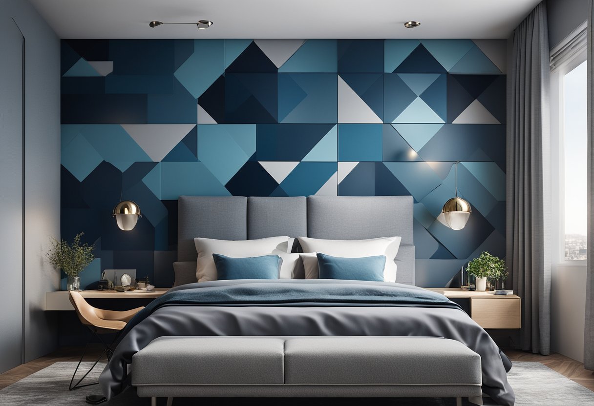 A bedroom with a bold, geometric feature wall in shades of blue and gray, accented with modern lighting and minimalistic decor