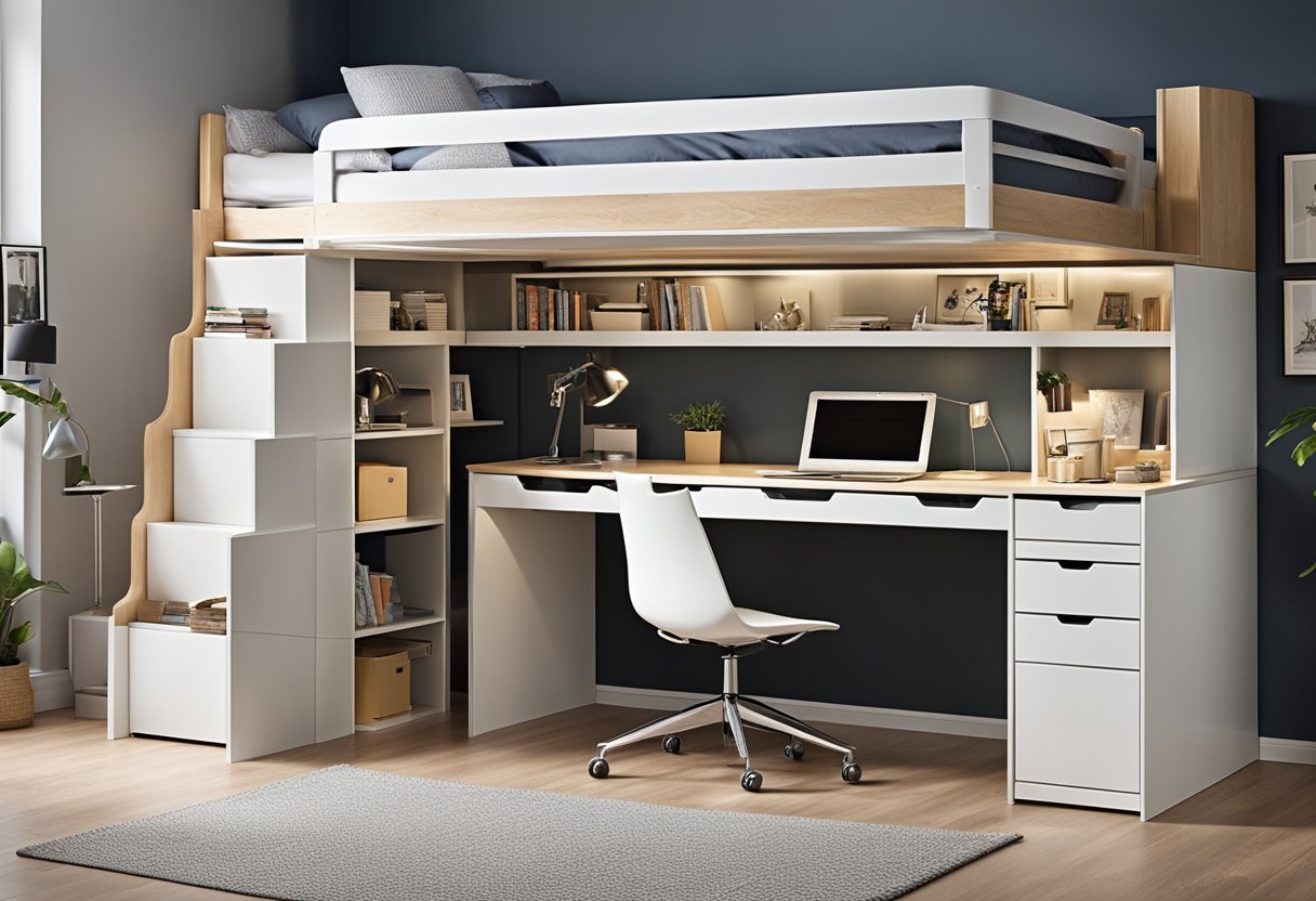 A 9x9 bedroom with a loft bed, built-in storage under the bed, a fold-down desk, and wall-mounted shelves to maximize space