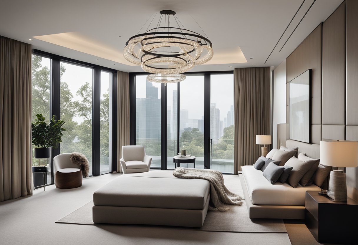 A spacious, minimalist bedroom with a sleek platform bed, floor-to-ceiling windows, and a statement chandelier. Clean lines, neutral colors, and natural materials create a serene and sophisticated atmosphere