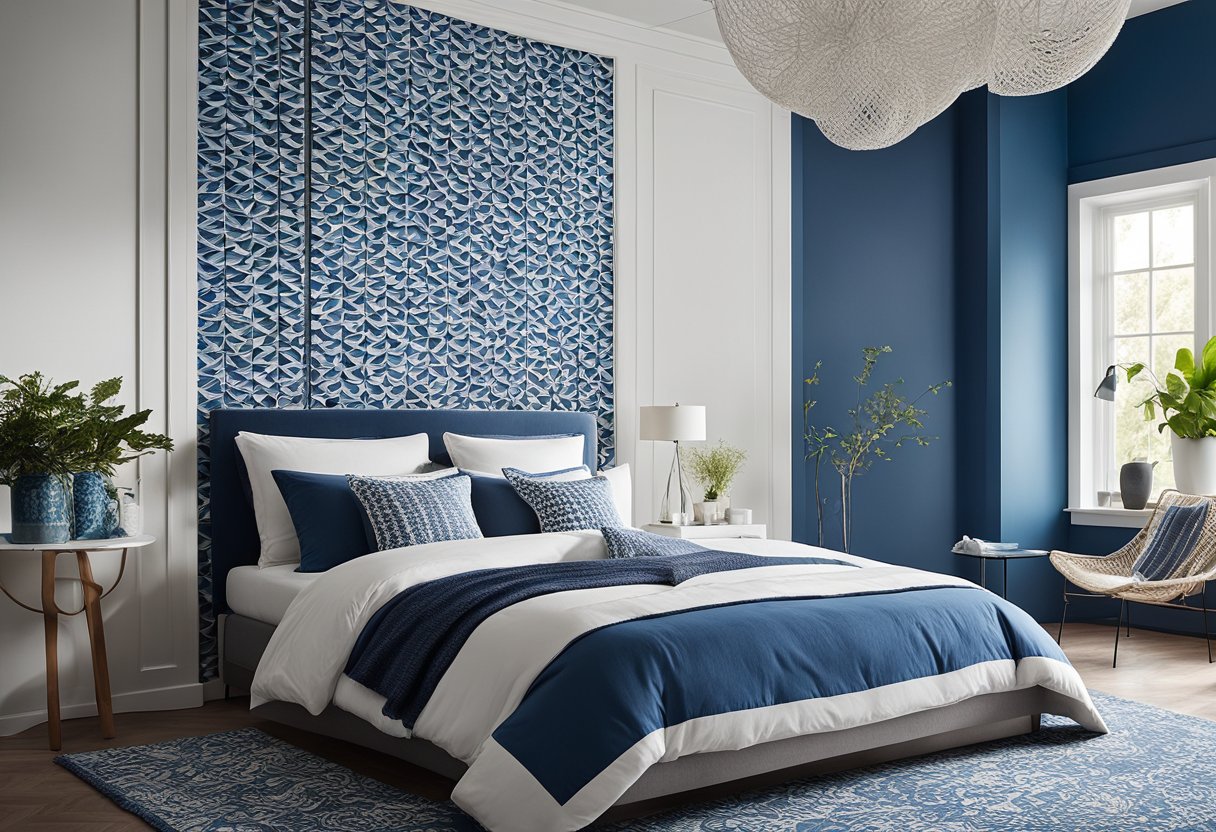 A bedroom with a bold, geometric feature wall in a calming blue and white color scheme. The wall is adorned with intricate, nature-inspired patterns and textures, adding depth and interest to the room