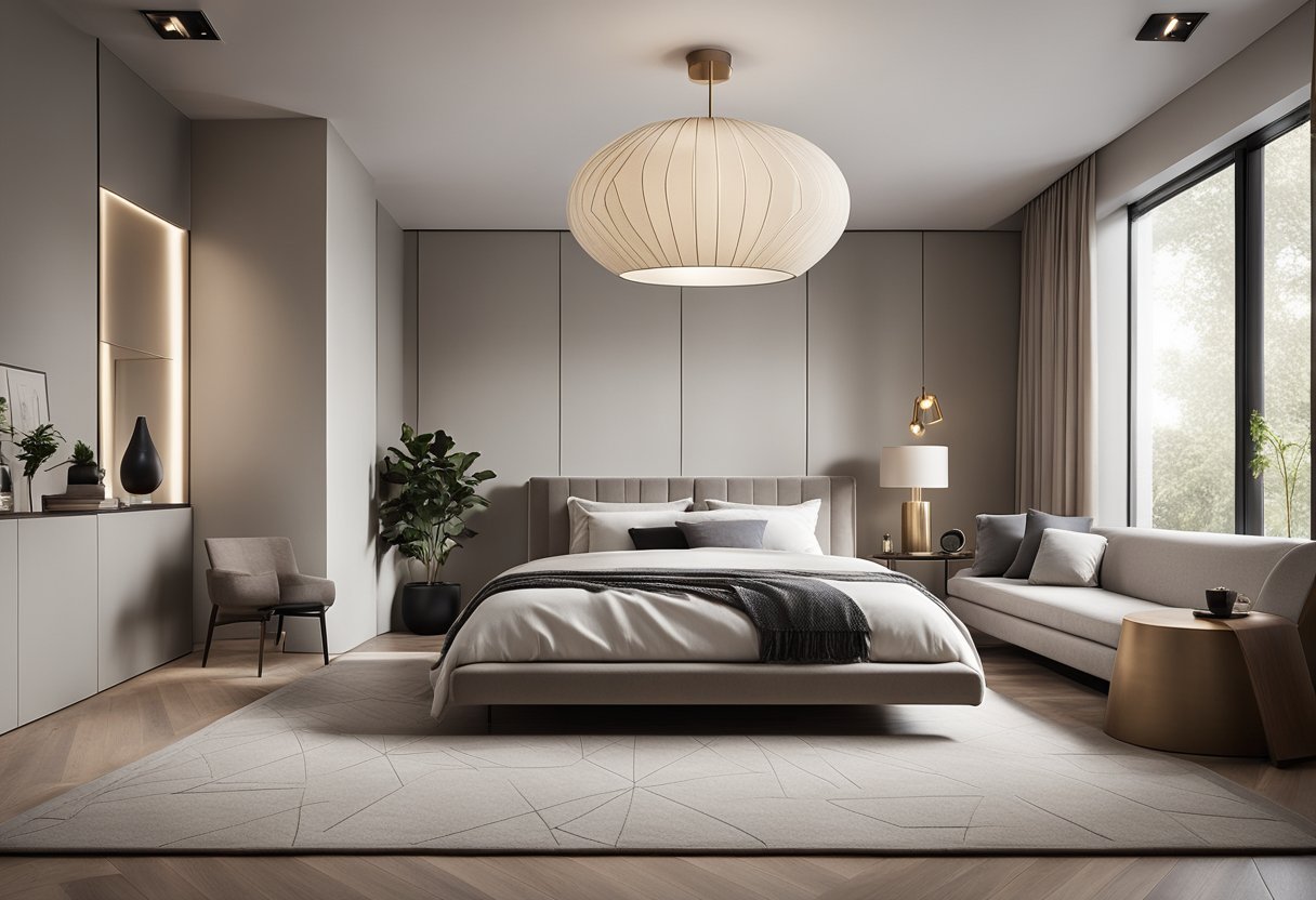 A sleek, minimalist bedroom with a platform bed, geometric patterned rug, and a statement pendant light. The room features a neutral color palette with pops of muted tones and textured accents